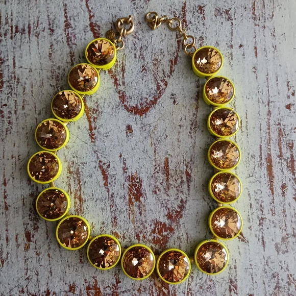 Vintage J. Crew Chain Bezel Citrine Brulee ,neon Green , Rhinestones Necklace - Picture 1 of 8